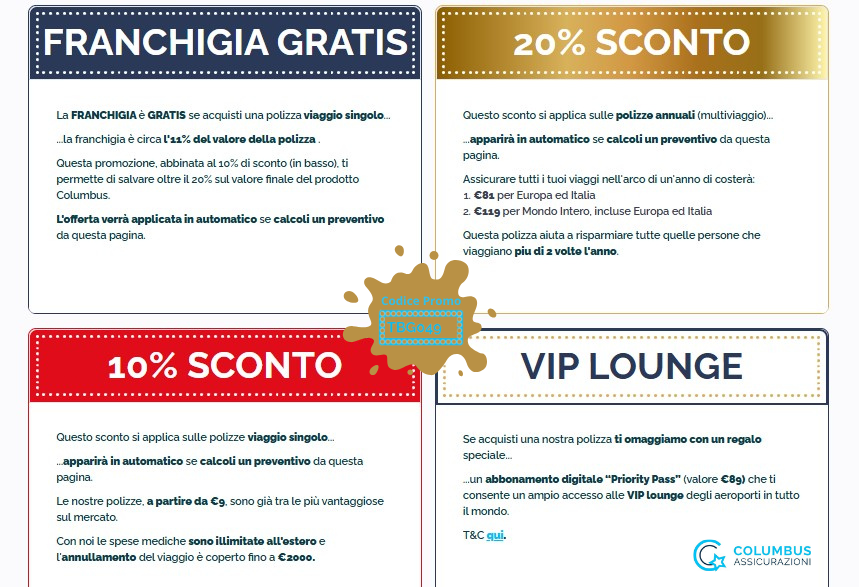 Promo Natale Columbus Assicurazioni viaggio coupon TBG049